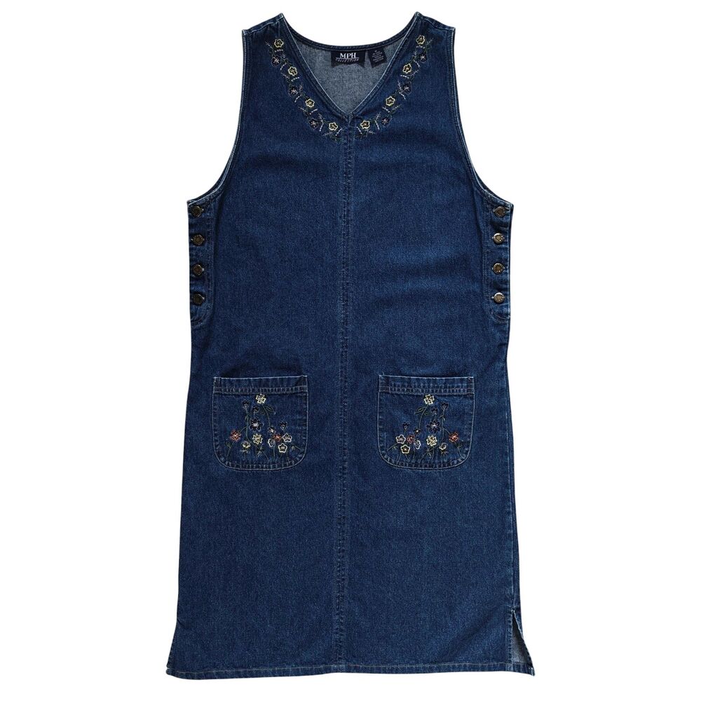 Vintage Denim Jumper Dress M Medium Embroidered Floral Modest Boxy 90s MPH Jean